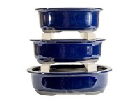 Vasi per bonsai Giapponesi Morrisan ovali in gres smaltati blu (Set da n.3 pezzi) - B21-26