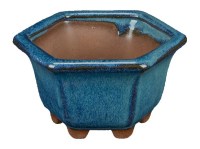 Vaso per bonsai esagonale in gres smaltato blu-verde scuro 9x9x5,5 cm - XC026