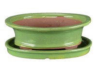 Vaso + sottovaso per bonsai ovale in gres smaltato verde 21,5x18x6 cm - GA3VS