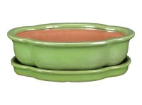 Vaso + sottovaso per bonsai ovale (forma mokko) in gres smaltato verde 27x20,5x6 cm - GA11VS